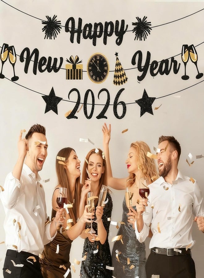 زينة رأس السنة الجديدة باللونين الأسود والذهبي من IMISHM لعام 2026، لافتة لامعة تحمل عبارة "عام جديد سعيد"، لوازم حفلات ليلة رأس السنة، زينة ليلة رأس السنة، لافتة "عام جديد سعيد" لتزيين الحفلات. - Image 3
